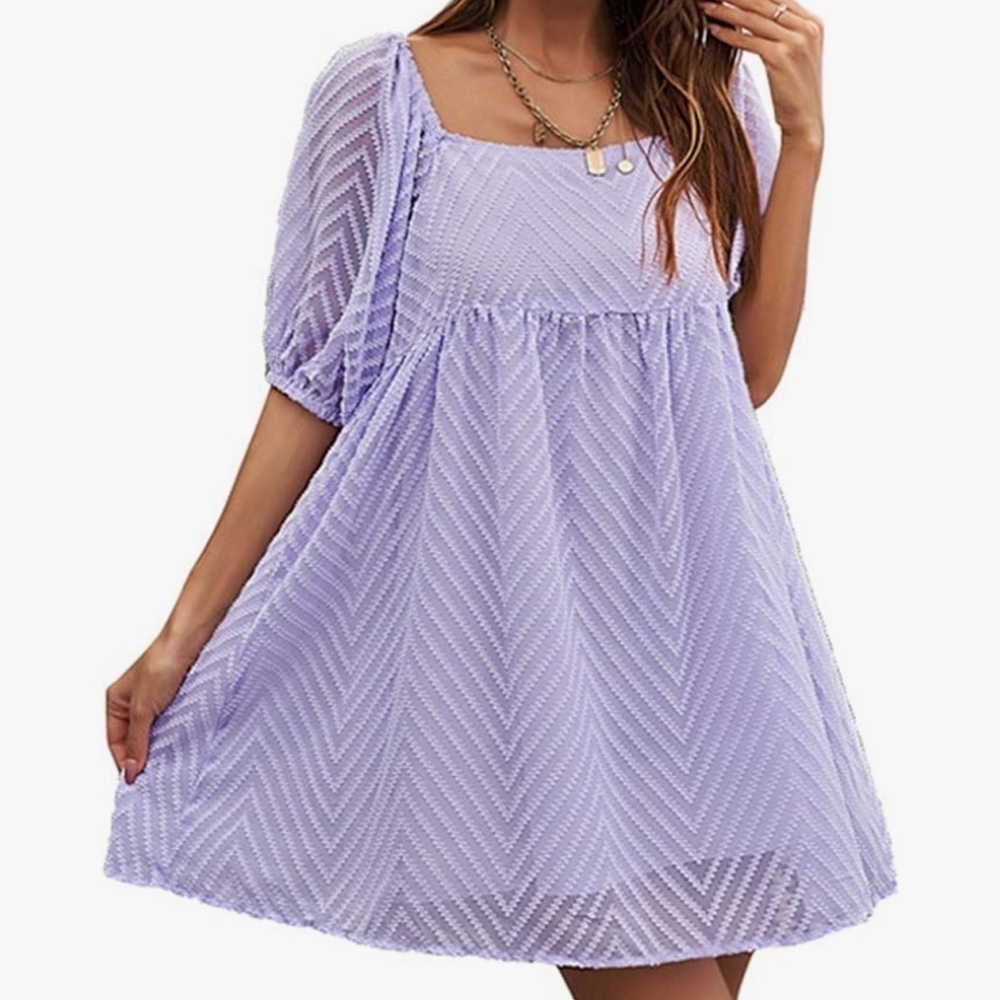 Square Neckline Textured Puff Sleeve Chiffon A-Line Mini Dress
